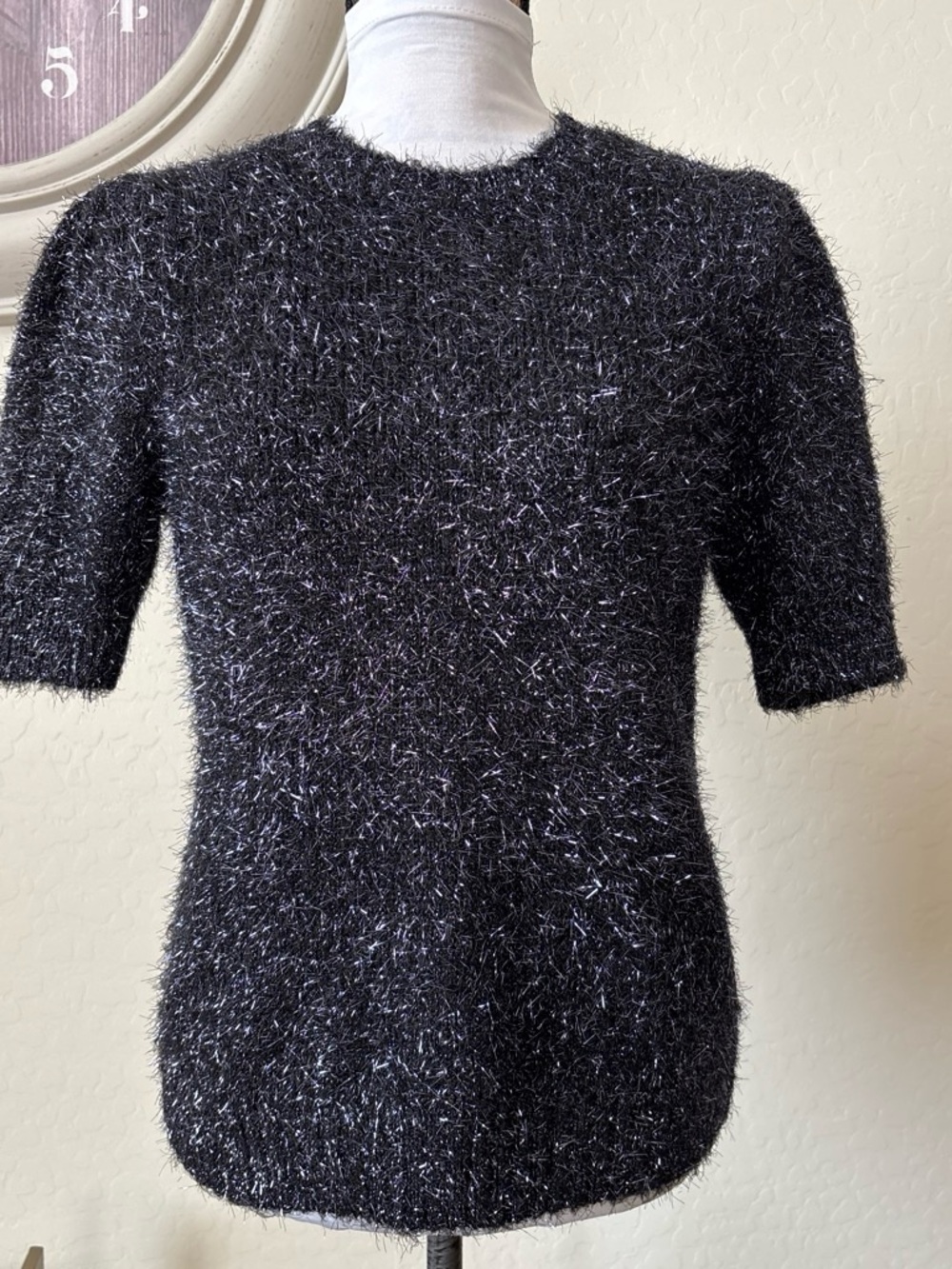 Rachel Zoe Black Metallic fuzzy Eyelash Short-Sleeve Crew Sweater. M